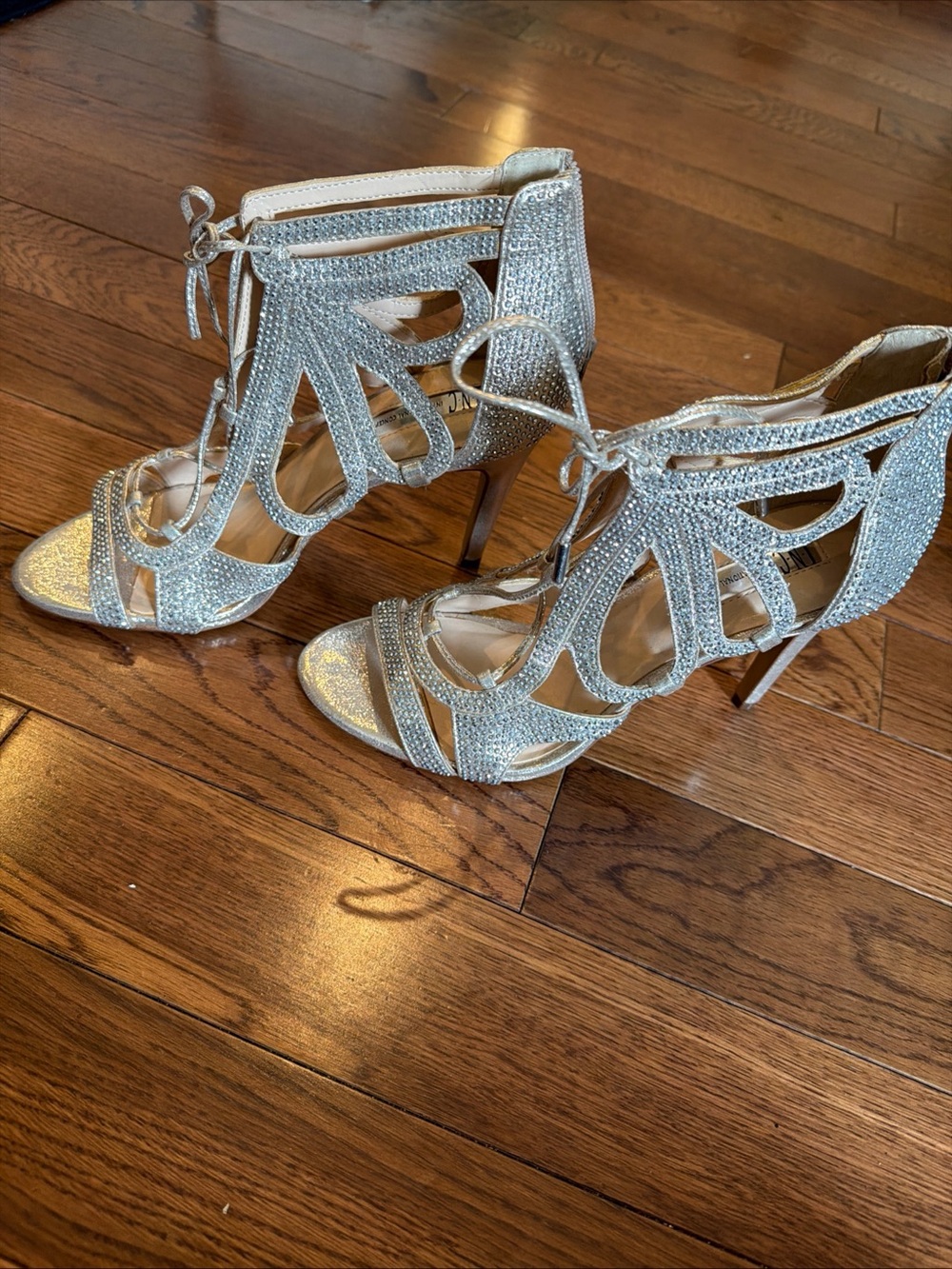 INC International Concepts Silver Rhinestone Lace-Up Heels